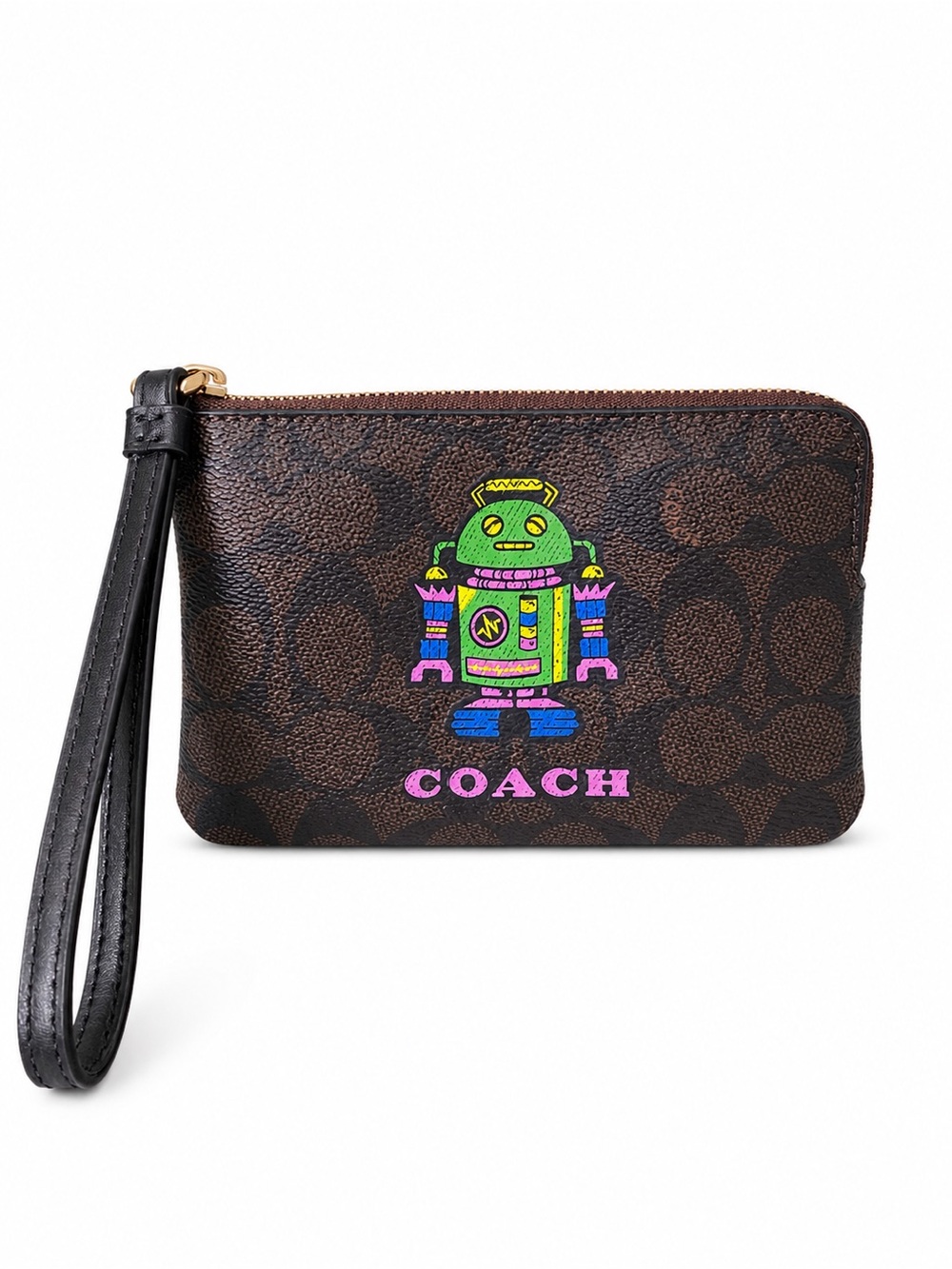 Coach Corner Zip Wristlet In Brown Signature Canvas with Neon Robot Graphic